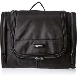 Amazon Basics Organizador de bolsa de aseo de viaje, para colgar, kit de ducha, color negro, Negro -