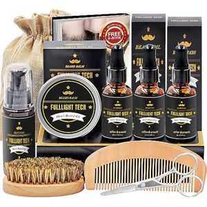 FULLLIGHT TECH Kit de cuidado y cuidado de barba para hombre, lavado, 3 aceites para barba, bálsamo,
