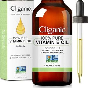 Cliganic Aceite de vitamina E 100% puro para piel, cabello y cara, 30,000 UI, verificado sin OMG |
