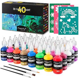 Magicfly - Pintura para tela 3D, 40 colores, pintura textil permanente con 3 pinceles y plantillas,