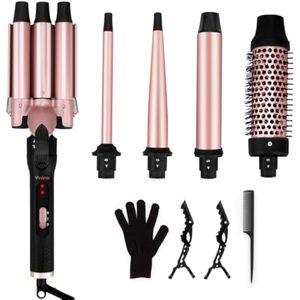 Juego de rizador 5 en 1, 3 rizadores de cerámica intercambiables (0.5 a 1.25 pulgadas) con 3
