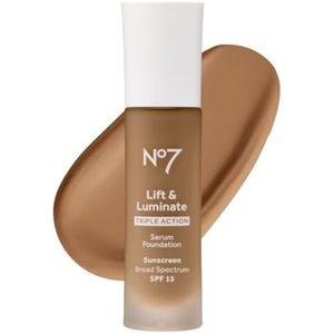 No7 Lift &amp; Luminate Base de suero de triple acción, base de maquillaje líquida con SPF 15 para