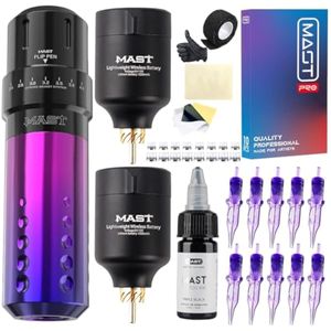 Mast Flip Rotary Machine - Kit de bolígrafo de tatuaje inalámbrico T1, fuente de batería, cartuchos