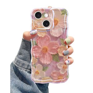 Jusy Pintura al óleo compatible con iPhone 12, colorido retro floral lindo marco ondulado rizado