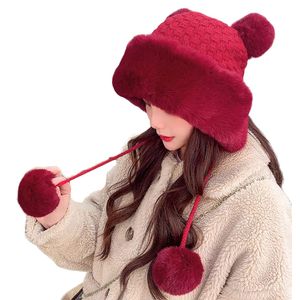 Gorro de invierno con pompón para mujer, de punto esponjoso, de piel sintética, de ganchillo, para