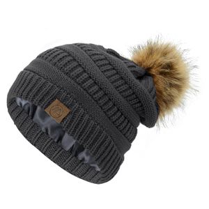American Trends Gorros de invierno para mujer, con forro de satén, con pompón, cálido, de punto