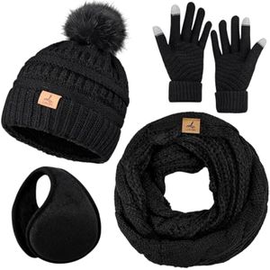 Winter Hat Scarf Gloves and Ear Warmer, Warm Knit Beanie Hat Touch Screen Gloves Set Winter Gifts
