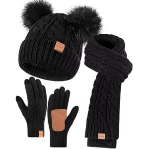 Conjunto de gorro, bufanda y guantes de invierno para mujer, gorro con forro polar con doble pompón,