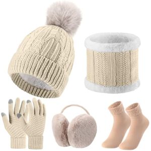 SATINIOR Juego de 5 piezas de gorro de invierno bufanda y guantes de punto gorro con pompón, guantes
