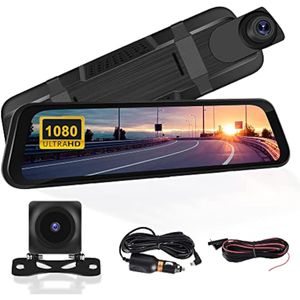 CAMECHO Cámara de respaldo con espejo de 9.66 pulgadas con tarjeta de 32 GB, pantalla táctil Full HD