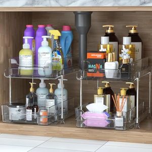 petisal 2 Tier Clear Organizer with Dividers, sliding out storage container, Bathroom Cabinet