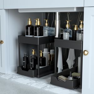 petisal 2 Tier Clear Organizer with Dividers, sliding out storage container, Bathroom Cabinet