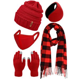 Aneco Conjunto cálido de invierno con bufanda a cuadros de búfalo, gorro de punto, guantes con lazo