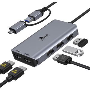Hub USB C Dual HDMI, USB C a Dual Monitores Adaptador a Dual 4K HDMI, 3 USB, puerto de carga PD,