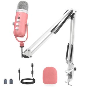 ZeaLSound Micrófono para PC, micrófono condensador de podcast con soporte de brazo de pluma, botón