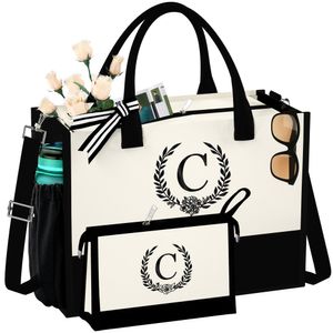 QLOVEA Initial Canvas Tote Bag Makeup Bag, Beach Bag with Zipper, Personalized Birthday Gift for Mom