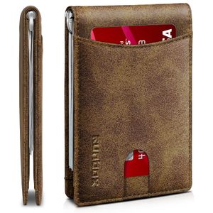 RUNBOX Cartera delgada de cuero genuino para hombre, bloqueo RFID, plegable, minimalista, bolsillo