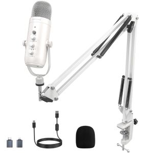 ZeaLSound Micrófono para PC, micrófono condensador de podcast con soporte de brazo de pluma, botón