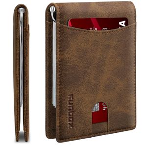 RUNBOX Cartera delgada de cuero genuino para hombre, bloqueo RFID, plegable, minimalista, bolsillo