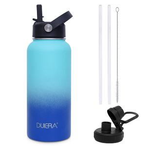 DUIERA Botella de agua de acero inoxidable de 32 onzas con aislamiento al vacío, con popote y tapas