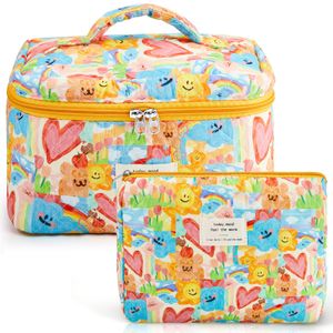 Zeyune 2 bolsas de maquillaje acolchadas de algodón, bolsa de maquillaje grande de coqueta de viaje,