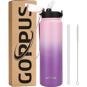 GOPPUS Botella de agua de acero inoxidable aislada de 20 onzas con tapa con pajilla, reutilizable, a