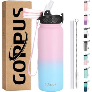 GOPPUS Botella de agua de acero inoxidable aislada de 20 onzas con tapa con pajilla, reutilizable, a