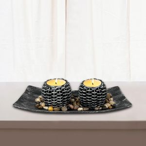 Decoración de mesa auxiliar, 3 portavelas con bandeja y rocas, decoración de mesa de centro de mesa