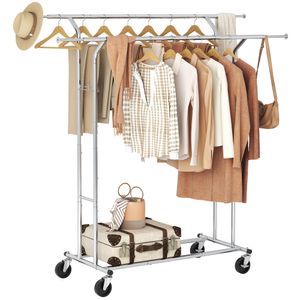 Tajsoon Perchero de ropa resistente con ruedas y barra extensible, perchero plegable para ropa con