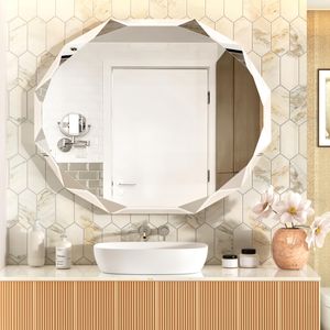 Frameless Scalloped Wall Mirror for Bathroom - Round 24'' X 24'' X 1" Beveled Edge Frameless