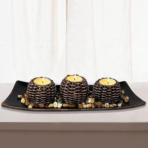 Decoración de mesa auxiliar, 3 portavelas con bandeja y rocas, decoración de mesa de centro de mesa