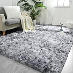 FlyDOIT Alfombras de área grandes para sala de estar, 4 x 6 pies, teñido anudado gris claro,