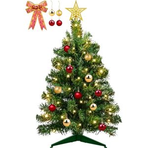 Árbol de Navidad de mesa de 22 pulgadas con temporizador, 30 luces LED cálidas, cinta roja con