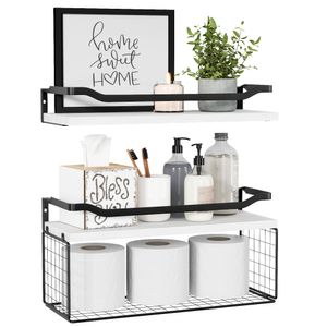 WOPITUES Estantes flotantes con cesta de almacenamiento de alambre, estantes de baño sobre el