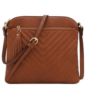 Bandolera o bolsa mediana con patrón triangular, de estilo cruzado, acolchada y con borla