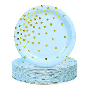 CENLBJ Platos de papel negros y dorados, 50 platos de postre desechables de puntos dorados, platos