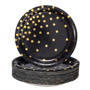 CENLBJ Platos de papel negros y dorados, 50 platos de postre desechables de puntos dorados, platos