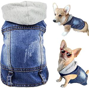 Ropa para mascotas, chaqueta de mezclilla con capucha azul fresco, disfraz de camisa para cachorros,