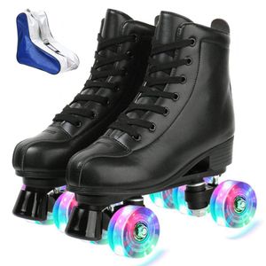Patines de piel sintética para hombres y mujeres, tipo botines, con doble fila de ruedas, para