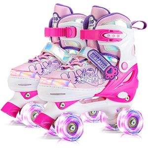 HYKID 4 Size Adjustable Roller Skates with Luminous Light Up Wheels,Safe for Girls Boys Kids