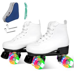 Wiwiy Patines para mujeres y hombres, con parte superior alta de cuero, cuatro ruedas brillantes,