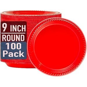 17supply Platos de plástico desechables rojos, paquete de 100 platos redondos de plástico de 9