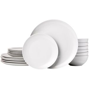 Amazon Basics - Juego de vajilla de 18 piezas con platos y tazones, servicio para 6 personas, blanco