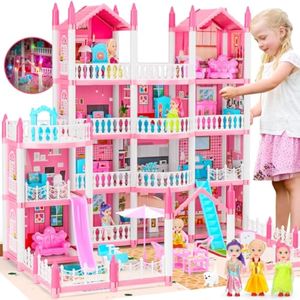 Casa de muñecas de ensueño enorme de 4 pisos con 13 habitaciones, con muñecas, tapete, tobogán,
