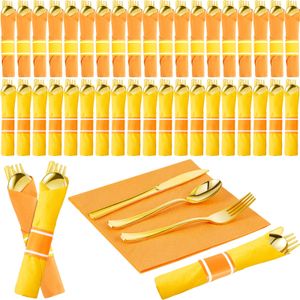 Lasnten Juego de 50 cubiertos de plástico dorado preenrollados de Navidad con 50 servilletas, 50