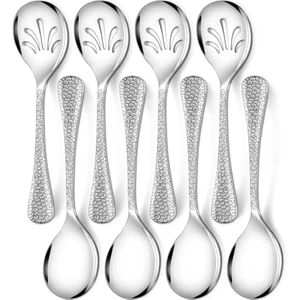 Teivio Juego de 8 utensilios de metal de acero inoxidable martillado, cucharas de servir de 10