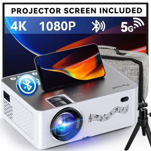 Proyector con WiFi y Bluetooth, 5G WiFi nativo 1080P/280 ANSI Proyector de película con pantalla,