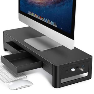meatanty Soporte elevador de monitor 2 en 1 con 2 cajones de almacenamiento y 4 puertos USB, soporte