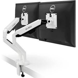 EVEO Soporte de monitor dual premium de 14 a 35 pulgadas, brazo de monitor doble, soporte VESA de