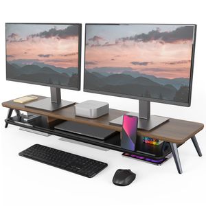Fenge Soporte para monitor doble, soporte elevador para 2 monitores, estante de escritorio de madera